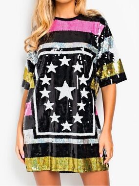 Main Strip Sequin Stars & Stripes Oversized T-Shirt Dressed Lined Size M/L NWT
